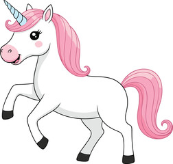 Cute magical unicorn with pink mane and blue horn, fantasy horse cartoon illustration, adorable fairytale character vector for kids and design