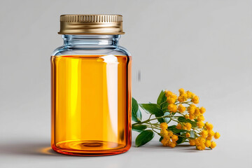 Amber glass bottle with golden cap next to yellow wildflowers on gray background, natural and clean medical container concept