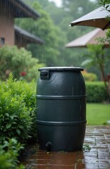 Photo of a rain barrel collecting water during rainfall in the backyard garden. Barrel used for water conservation and eco-friendly home. Water harvesting helps to maintain sustainable eco practices.