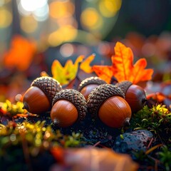 Herbstlicher Waldboden mit Eicheln und Eichenblättern