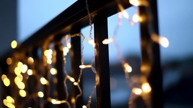 String lights on railing at dusk.