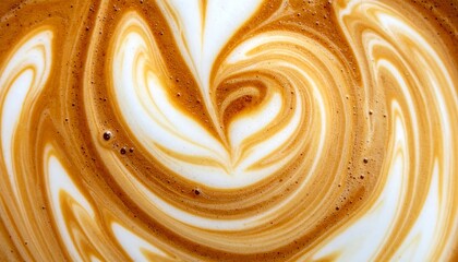Macro full-frame of latte art coffee microfoam showing smooth swirls, bubbles, and creamy brown-white texture