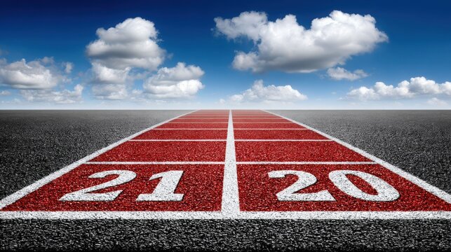 Red running track lane numbers on asphalt under bright blue sky with fluffy white clouds in the background