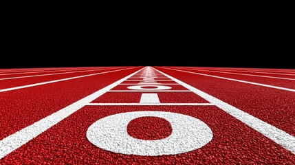 Runners' Perspective of an Empty Red Track Leading to the Horizon with Clear White Lane Markings Against a Black Background