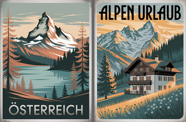 "&Ouml;sterreich" and "Alpen Urlaub" Travel poster in vintage style, set