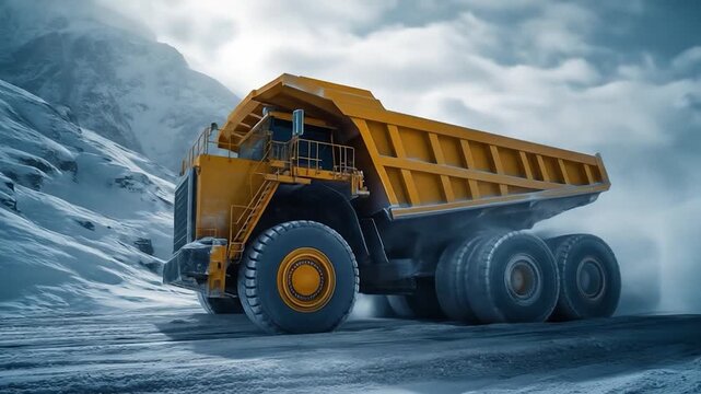 Huge yellow dump truck drives through a snowy mountainous terrain