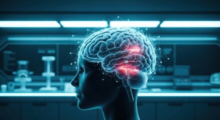 Glowing brain scan over a person's profile in a futuristic lab setting