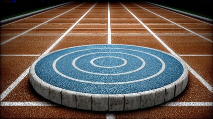 Obraz premium Circular Shot Put Platform on an Empty Athletic Track with Lane Markings and Dark Background