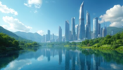 Fototapeta premium Futuristic cityscape with modern skyscrapers and towers reflected in a serene lake surrounded by lush plants and mountains under a blue sky with white clouds.