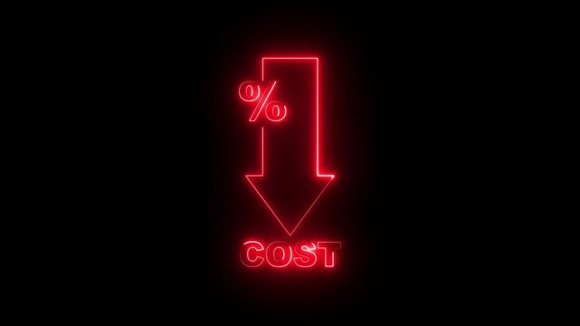 glowing neon Cost reduction icon concept. Cost reduction icon business finance concept, budget management and cost management. down arrow with cost. Economy recession, low budget, Effective business.