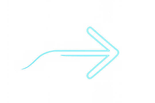 Bright blue neon arrow sign, highlighting concepts of navigation, next, forward, and progress, isolated element