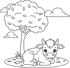 Adorable Cartoon Calf Resting Under a Tree - Black and White Outline for Children's Coloring