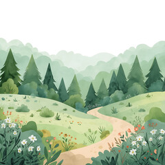 Soft watercolor illustration depicts a tranquil forest landscape with gentle pastel shades. It features green trees,.