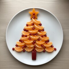 Artistic composition of orange slices shaped like a Christmas tree on a white plate, decorated with pomegranate seeds and a star shaped on top, symbolizing freshness and joy of the holiday season