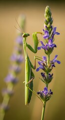 Vertical detailed shot of a green mantis on lavender flowers, highlighting the contrast of colors and precision of insect anatomy in golden sunlight