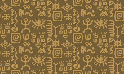Seamless tribal texture background combining human figure, spiral and eye motifs in african mexican aztec vector pattern. Ethnic face inspired composition suitable for print or fabric. Brown color bg