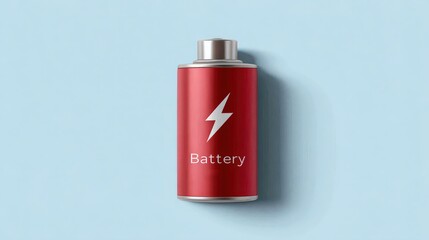 Vibrant Red Battery with Lightning Bolt Symbol on Soft Blue Background for Energy and Power Concepts