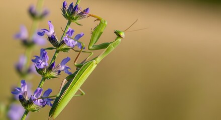Close up macro of a green praying mantis clinging to a purple wildflower stem with smooth bokeh background, capturing balance and focus in nature