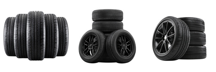 Set of Collection of black rubber tires for vehicles. isolated on a transparent background.