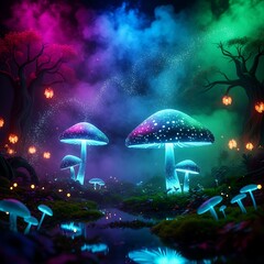 A vibrant forest scene with glowing mushrooms, surrounded by colorful mist and magical lights. Trees and a small creek are visible