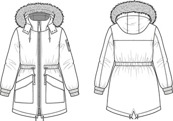 Winter parka jacket technical flat sketch, hooded coat with fur trim, long sleeve outerwear fashion design, vector clothing illustration template © Moslama
