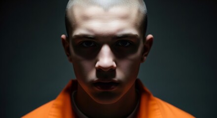 Obraz premium Young caucasian man with shaved head in orange jumpsuit looking directly at viewer with intense expression. Concept of criminal justice and prison.