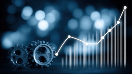 Industrial Gears on Dark Background with Financial Chart Depicting Growth and Progress in Business and Technology Sectors
