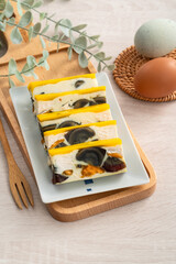 Delicious steamed three color egg made by salted egg, pidan, and chicken egg.