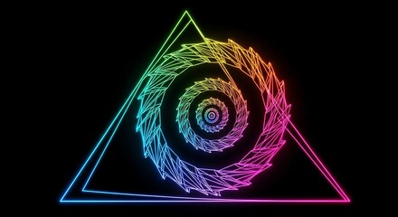 A vibrant geometric design set against a black backdrop, featuring a spiraling structure within a triangular frame, rendered in neon hues
