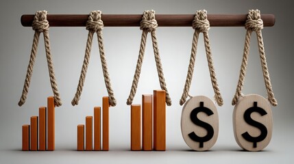 Financial Growth Graphs with Wooden Currency Symbols on a Hanging Scale Displaying Economic Balance
