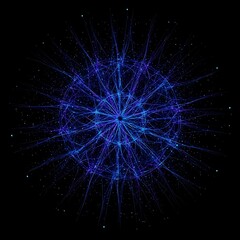 A vibrant, geometric design set against a black backdrop, featuring radiating lines and tiny points of light in blue and purple hues