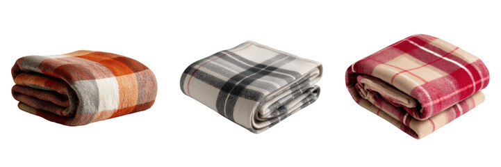 Set of Cozy rolled blankets in different colors. isolated on a transparent background.