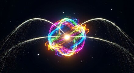 A vibrant, glowing sphere with colorful energy rings and arching trails of sparkling particles against a dark, starry background