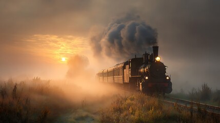 Vintage steam locomotive chugs through a misty sunrise emitting plumes of smoke
