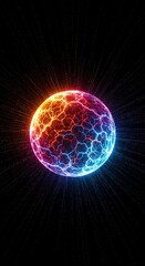 A vibrant, glowing sphere with fiery red-orange and cool blue-purple cracked textures, radiating light against a black background