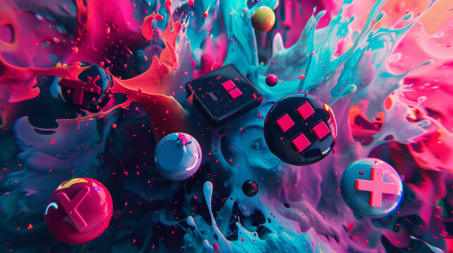 
Abstract controller buttons (X, O, □, Δ) floating in a colorful void