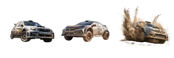 Set of Dynamic off-road vehicles in action with dirt. isolated on a transparent background.