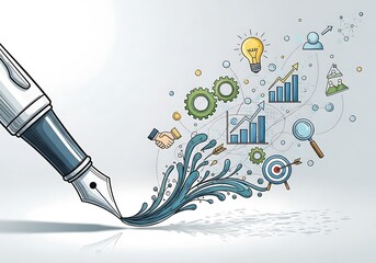 A vibrant illustration showcasing an artistic pen creatively "writing" ideas with associated business concepts