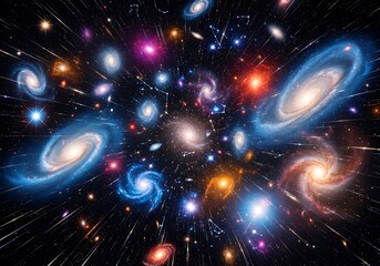 A vibrant image depicts countless galaxies, spiraling and colliding amidst brilliant streaks and sparkling stellar dust. Cosmic beauty unfolds