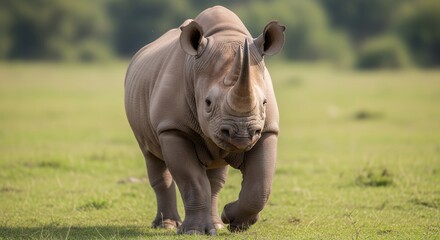 Front view of a wild rhino stepping forward on green savanna field, soft sunlight illuminating the animal’s detailed skin and natural expression