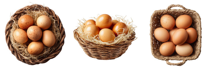 Set of Fresh eggs in natural woven baskets arrangement. isolated on a transparent background.