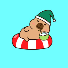 Cute Capybara Enjoying Coconut on Pool Float at Christmas Vector Illustration
