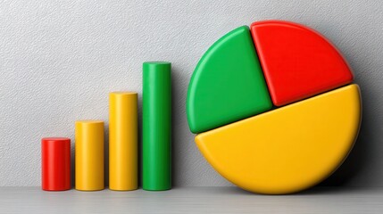 Colorful 3D Charts and Graphs Displaying Data Analysis Results on a Light Gray Background