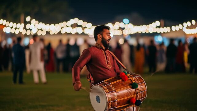Enthusiastic Dhol Player Performing at Makar Sankranti Festival Celebration with Traditional Attire and Festive Lighting