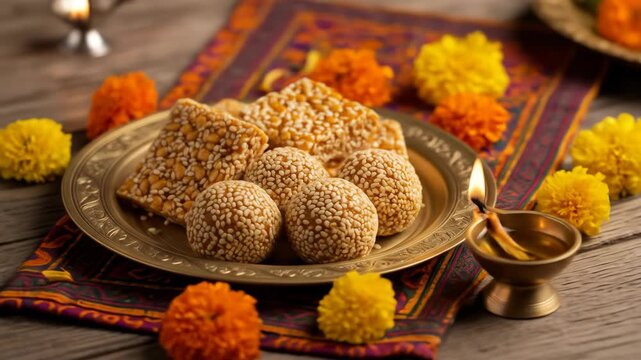 Festive Makar Sankranti Still Life Sesame Sweets, Brass Plate, Oil Lamp, and Marigold Flowers on Wood