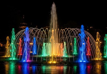 A vibrant nighttime shot of a brightly lit fountain, illuminated with various colors, spraying water high in the air against a dark backdrop
