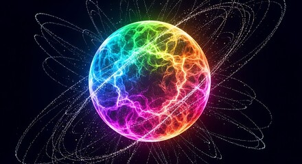 A vibrant orb bursts with a spectrum of colors and electrical energy, framed by orbiting rings of shimmering particles, all on a dark backdrop