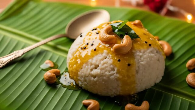 Sakkarai Pongal Served on Banana Leaf for Makar Sankranti Festival with Cashews and Ghee