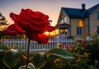 A vibrant red rose, glistening with dew, stands out in sharp focus against a soft, golden sunset & a yellow cottage