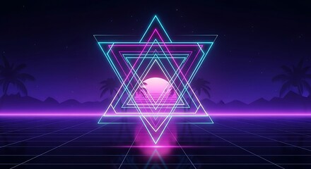 A vibrant retro-style digital artwork featuring neon geometry, sunset over mountains, and palm silhouettes